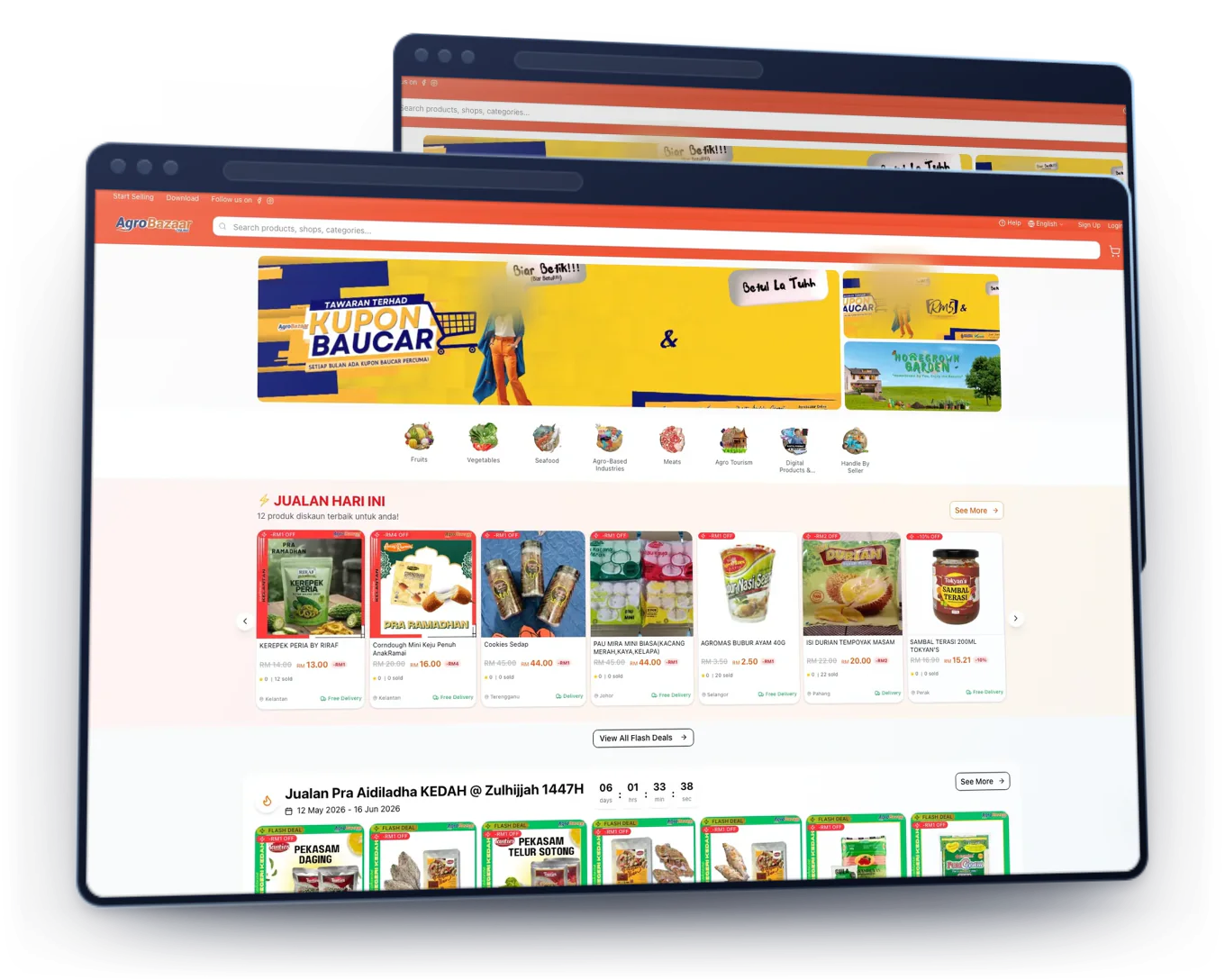 Halaman utama FAMA AgroBazaar dengan promosi dan tawaran hari ini, di hadapan halaman kategori