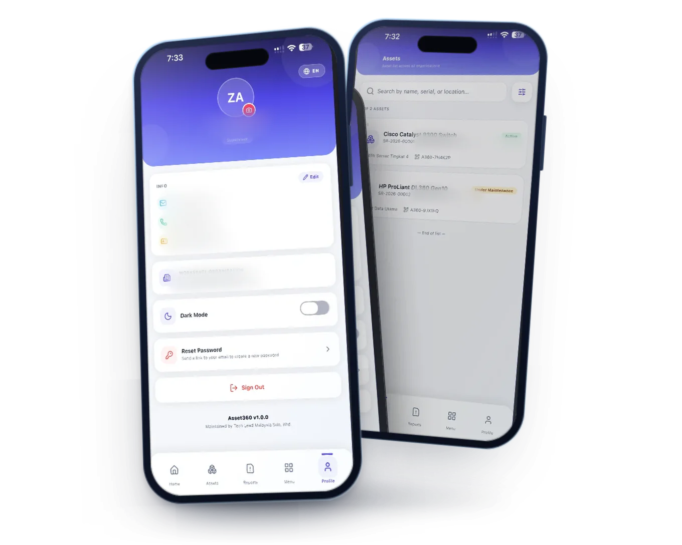 Asset360 profile and asset list screens on two phones, with personal details blurred
