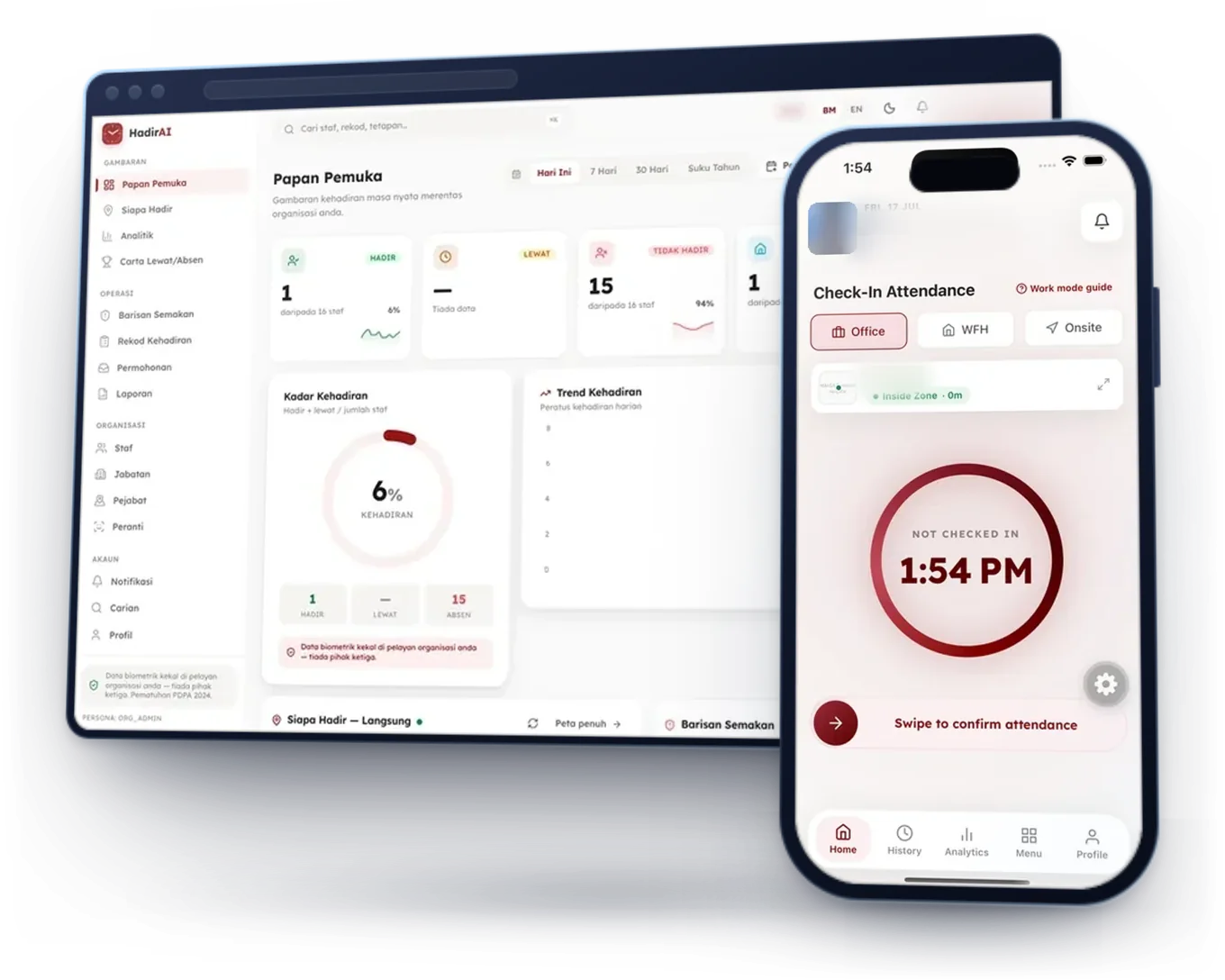 HadirAi admin dashboard with today’s attendance summary, and the check-in screen on a phone