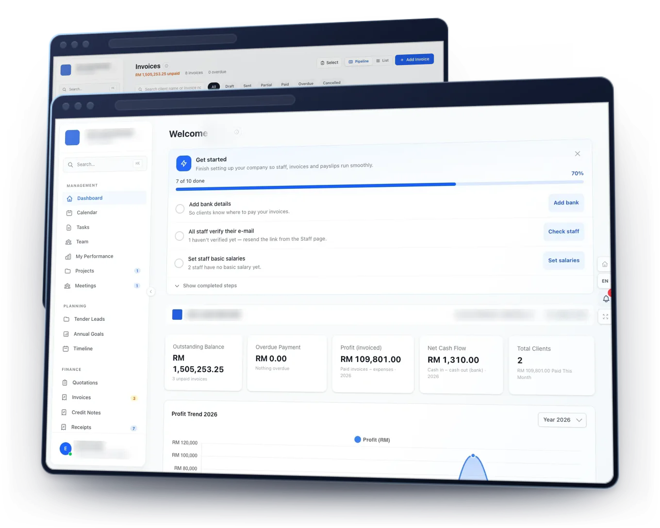 TechManage dashboard with setup checklist and finance summary, in front of the invoices screen